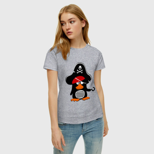 Женская футболка хлопок Пингвин - тусовщик, цвет меланж - фото 3