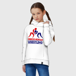 Худи с принтом Лого - борцы для ребенка, вид на модели спереди №2. Цвет основы: белый