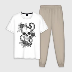 Мужская пижама с белой футболкой хлопок Череп роз