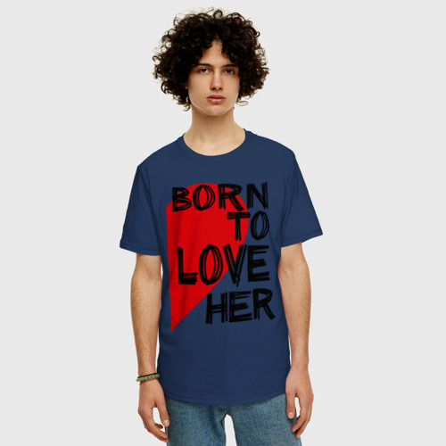 Мужская футболка хлопок Oversize Born to love her, цвет темно-синий - фото 3