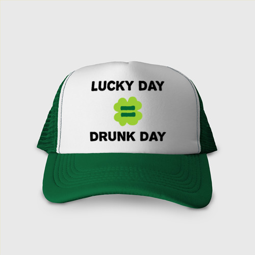 Кепка тракер с сеткой Lucky day = drunk day, цвет зеленый