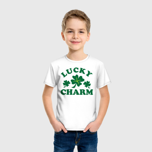 Детская футболка хлопок Lucky charm - клевер, цвет белый - фото 3