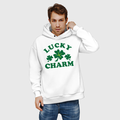 Мужское худи Oversize хлопок Lucky charm - клевер, цвет белый - фото 3