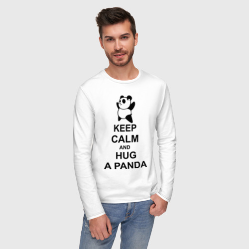 Мужской лонгслив хлопок Keep calm and hug a Panda, цвет белый - фото 3