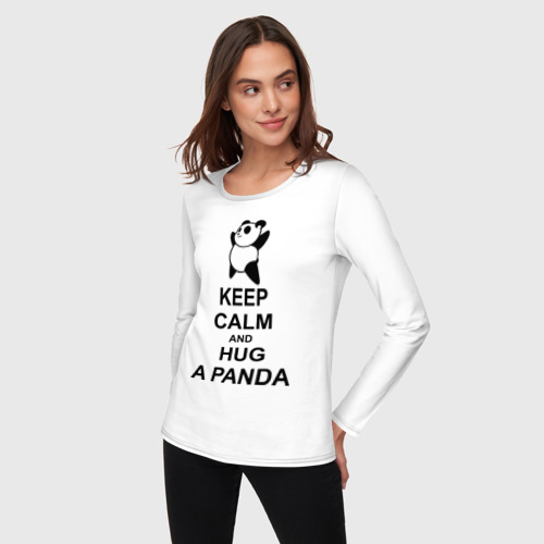 Женский лонгслив хлопок Keep calm and hug a Panda, цвет белый - фото 3