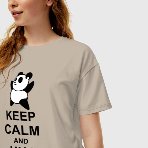 Женская футболка хлопок Oversize Keep calm and hug a Panda, цвет миндальный - фото 3