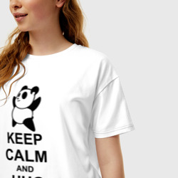 Футболка с принтом Keep calm and hug a Panda для женщины, вид на модели спереди №2. Цвет основы: белый