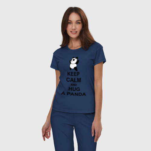 Женская пижама хлопок Keep calm and hug a Panda, цвет темно-синий - фото 3