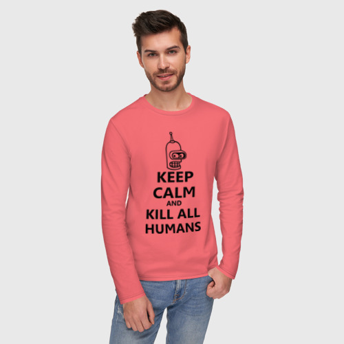 Мужской лонгслив хлопок Keep calm and kill all humans, цвет коралловый - фото 3