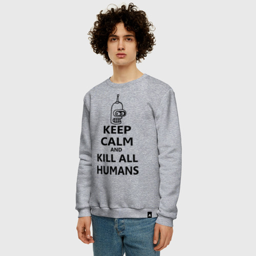 Мужской свитшот хлопок Keep calm and kill all humans, цвет меланж - фото 3