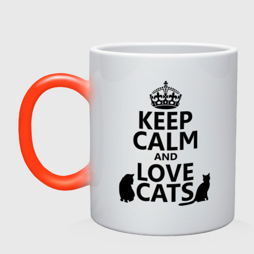 Кружка хамелеон Keep calm and love cats., цвет белый + красный