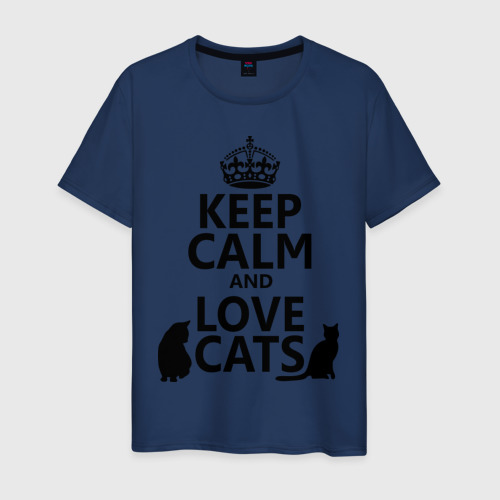 Мужская футболка хлопок Keep calm and love cats., цвет темно-синий