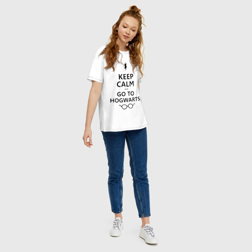 Женская футболка хлопок Oversize Keep calm and go to hogwarts, цвет белый - фото 5