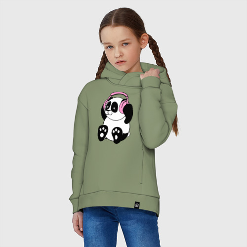 Детское худи Oversize хлопок Panda in headphones панда в наушниках, цвет авокадо - фото 3