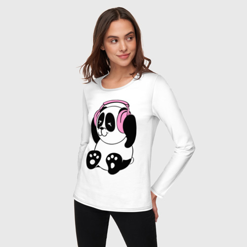 Женский лонгслив хлопок Panda in headphones панда в наушниках, цвет белый - фото 3