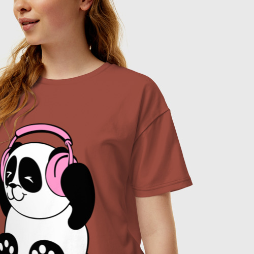Женская футболка хлопок Oversize Panda in headphones панда в наушниках, цвет кирпичный - фото 3