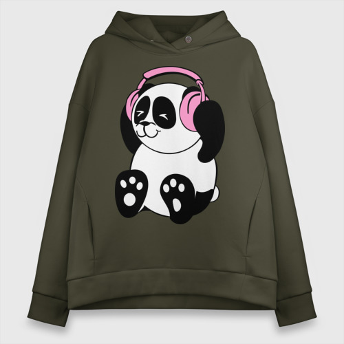 Женское худи Oversize хлопок Panda in headphones панда в наушниках, цвет хаки