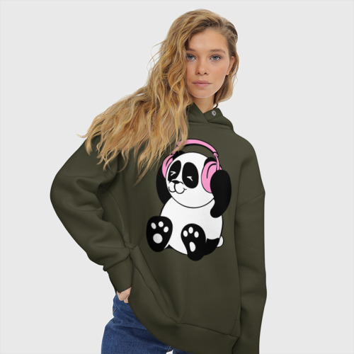 Женское худи Oversize хлопок Panda in headphones панда в наушниках, цвет хаки - фото 4