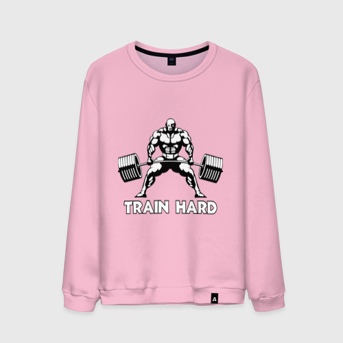 Мужской свитшот хлопок Train hard тренируйся усердно, цвет светло-розовый