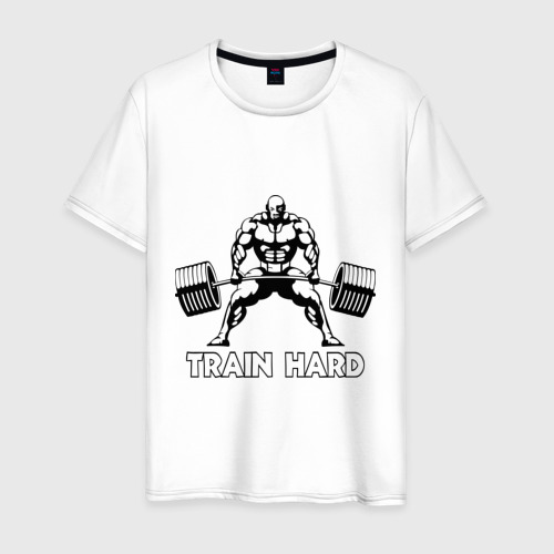 Мужская футболка из хлопка с принтом Train hard тренируйся усердно, вид спереди №1