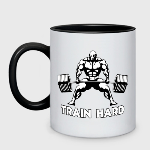 Кружка двухцветная Train hard тренируйся усердно, цвет белый + черный