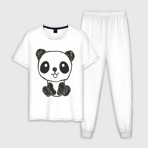 Мужская пижама хлопок Панда рисунок, цвет белый