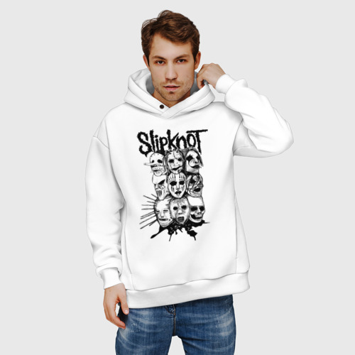 Мужское худи Oversize хлопок Slipknot black and white, цвет белый - фото 3