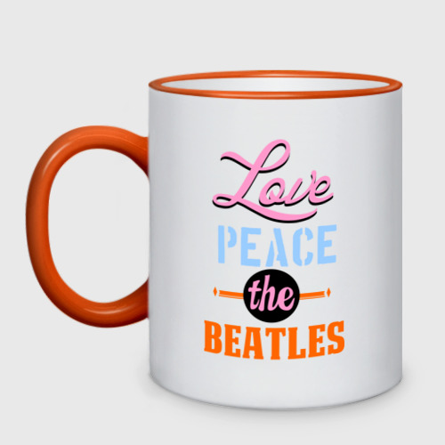 Кружка двухцветная Love peace the Beatles, цвет Кант оранжевый