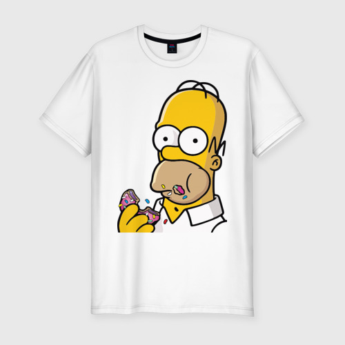 Мужская футболка приталенная из хлопка с принтом Гомер с Пончиком, вид спереди №1