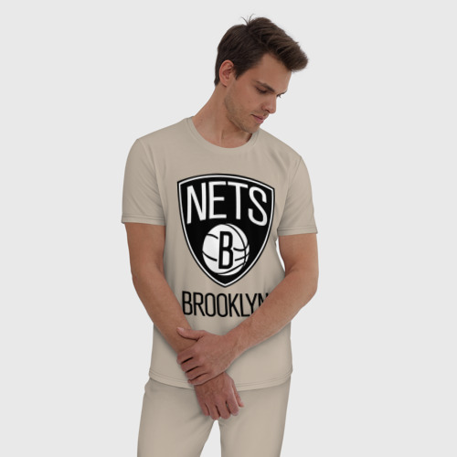 Мужская пижама хлопок Nets Brooklyn, цвет миндальный - фото 3