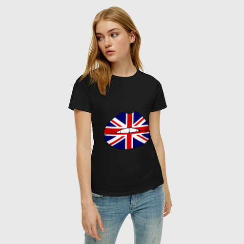 Женская футболка хлопок Britain lips, цвет черный - фото 3
