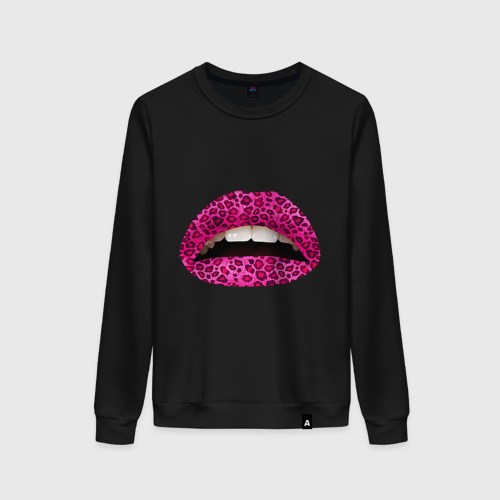 Женский свитшот хлопок Pink leopard lips, цвет черный
