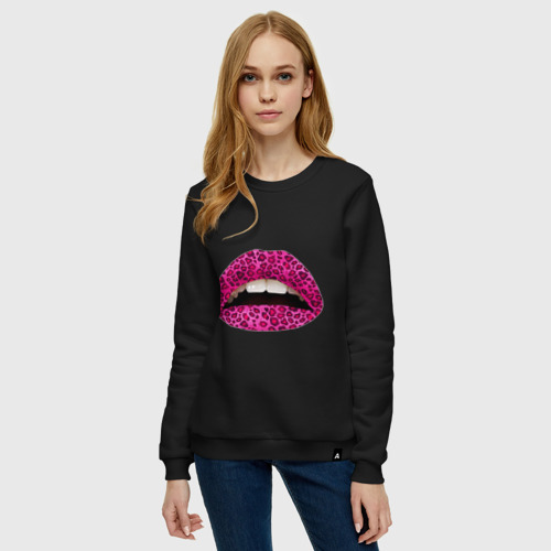 Женский свитшот хлопок Pink leopard lips, цвет черный - фото 3