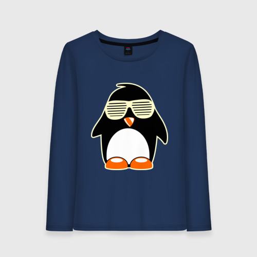 Женский лонгслив хлопок Пингвин в очках-жалюзи glow, цвет темно-синий