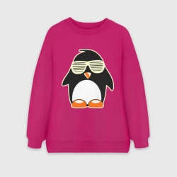 Женский свитшот oversize без начеса хлопок Пингвин в очках-жалюзи glow