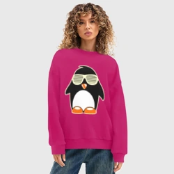 Женский свитшот oversize без начеса хлопок Пингвин в очках-жалюзи glow - фото 2