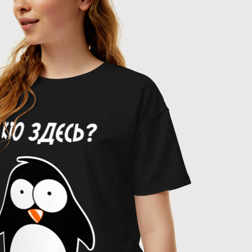 Женская футболка хлопок Oversize Пингвин кто здесь glow, цвет черный - фото 3