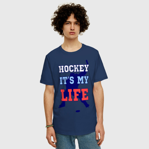 Мужская футболка хлопок Oversize Хоккей – моя жизнь, цвет темно-синий - фото 3