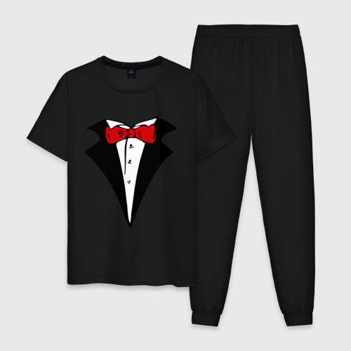 Мужская пижама хлопок Смокинг и красная бабочка, цвет черный