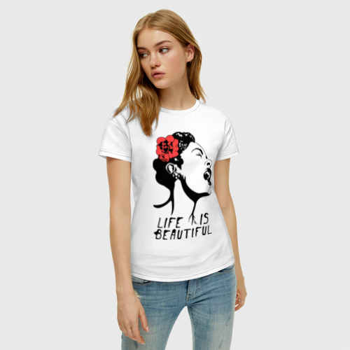 Женская футболка хлопок Life is beautiful, цвет белый - фото 3