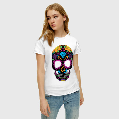 Женская футболка хлопок Skull mexica, цвет белый - фото 3