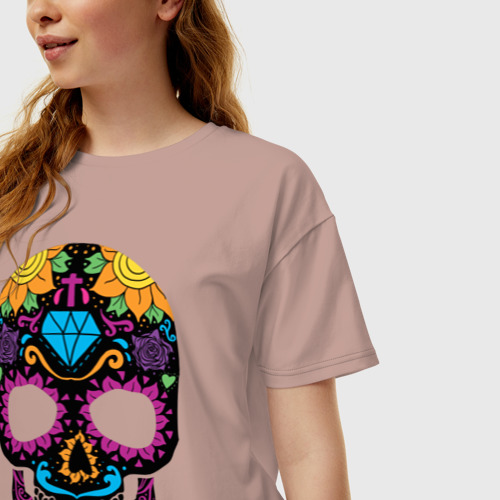 Женская футболка хлопок Oversize Skull mexica, цвет пыльно-розовый - фото 3