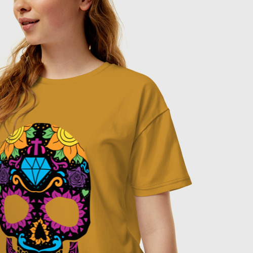 Женская футболка хлопок Oversize Skull mexica, цвет горчичный - фото 3