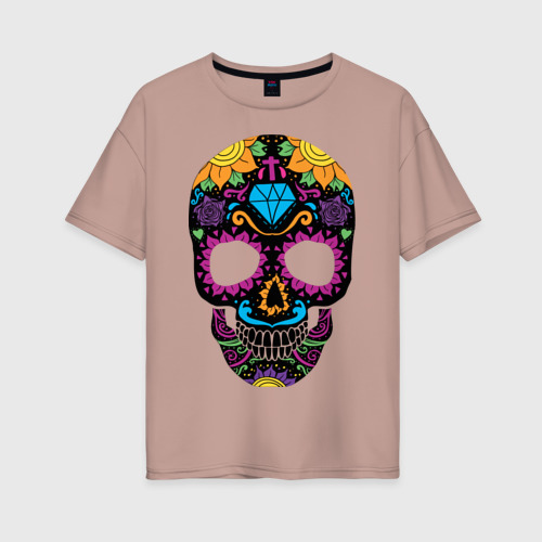 Женская футболка хлопок Oversize Skull mexica, цвет пыльно-розовый