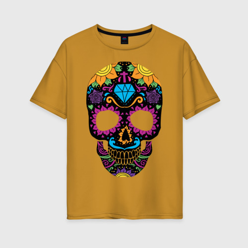 Женская футболка хлопок Oversize Skull mexica, цвет горчичный