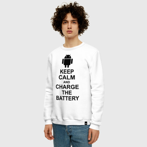 Мужской свитшот хлопок Keep calm and charge the battery (android), цвет белый - фото 3