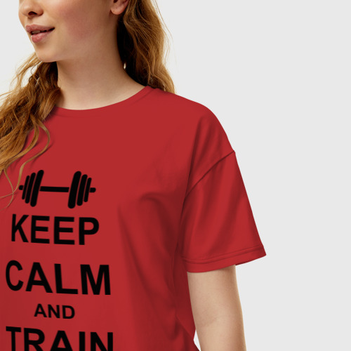 Женская футболка хлопок Oversize Keep calm and train hard, цвет красный - фото 3