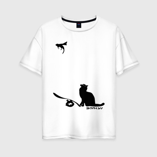 Женская футболка оверсайз из хлопка с принтом Cat and supermouse Banksy, вид спереди №1