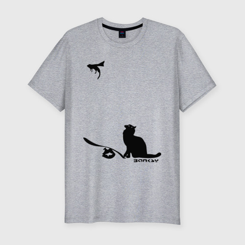 Мужская футболка хлопок Slim с принтом Cat and supermouse (Banksy), вид спереди #2
