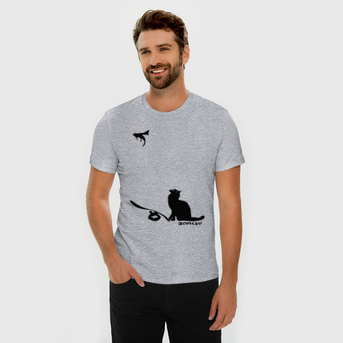 Мужская футболка хлопок Slim с принтом Cat and supermouse (Banksy), фото на моделе #1